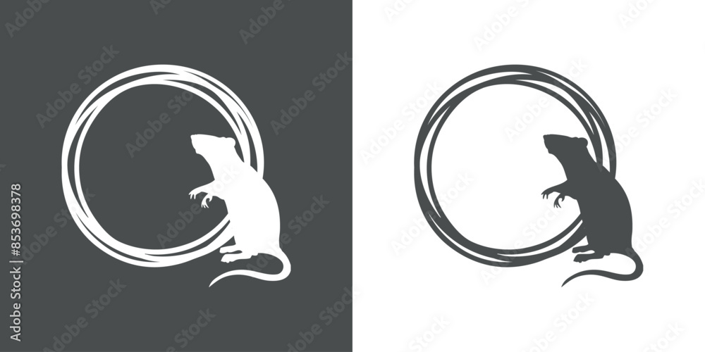 Logo con silueta de rata o ratón de pie en marco circular con líneas Logo con silueta de rata o ratón de pie en marco circular con líneas