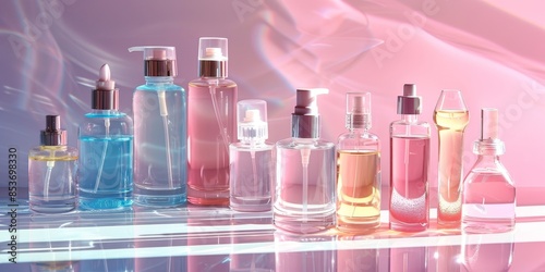 A row of perfume bottles are lined up on a table, with some of them being blue © xartproduction