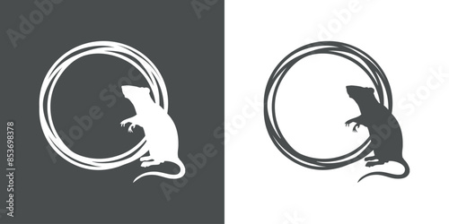Logo con silueta de rata o ratón de pie en marco circular con líneas