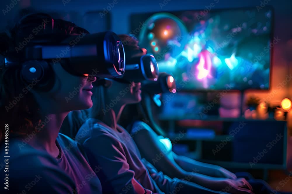 A family using a multi-dimensional entertainment system in their living room, experiencing a movie as a virtual reality adventure. Futuristic and High Tech Concept A family using a multi-dimensional entertainment system in their living room, experiencing a movie as a virtual reality adventure. Futuristic and High Tech Concept