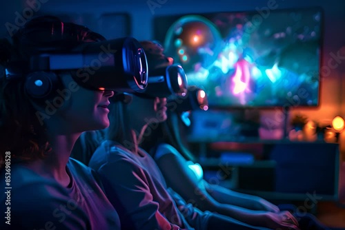 A family using a multi-dimensional entertainment system in their living room, experiencing a movie as a virtual reality adventure. Futuristic and High Tech Concept	