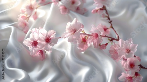 Romantic Sakura Banner A delicate pink sakura branch with blossoms cascading onto a white silk banner, sunlight filtering through the petals Focus on the banners texture and the soft light