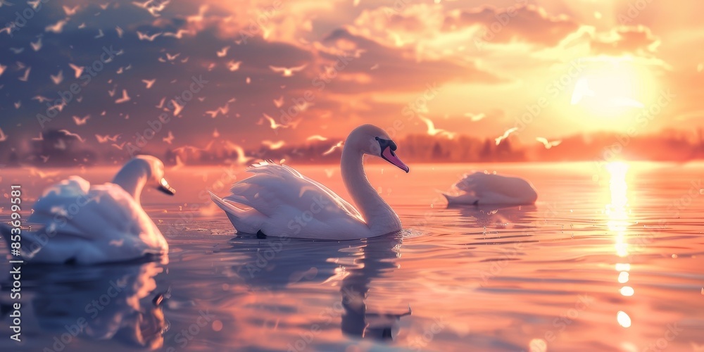 The swans are in various positions, some swimming and others resting The swans are in various positions, some swimming and others resting