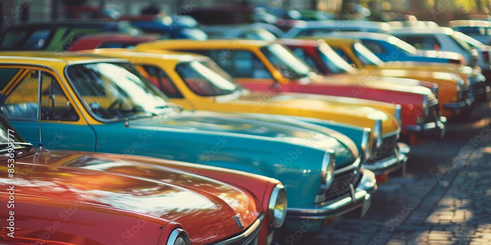 A row of colorful cars are parked on a street