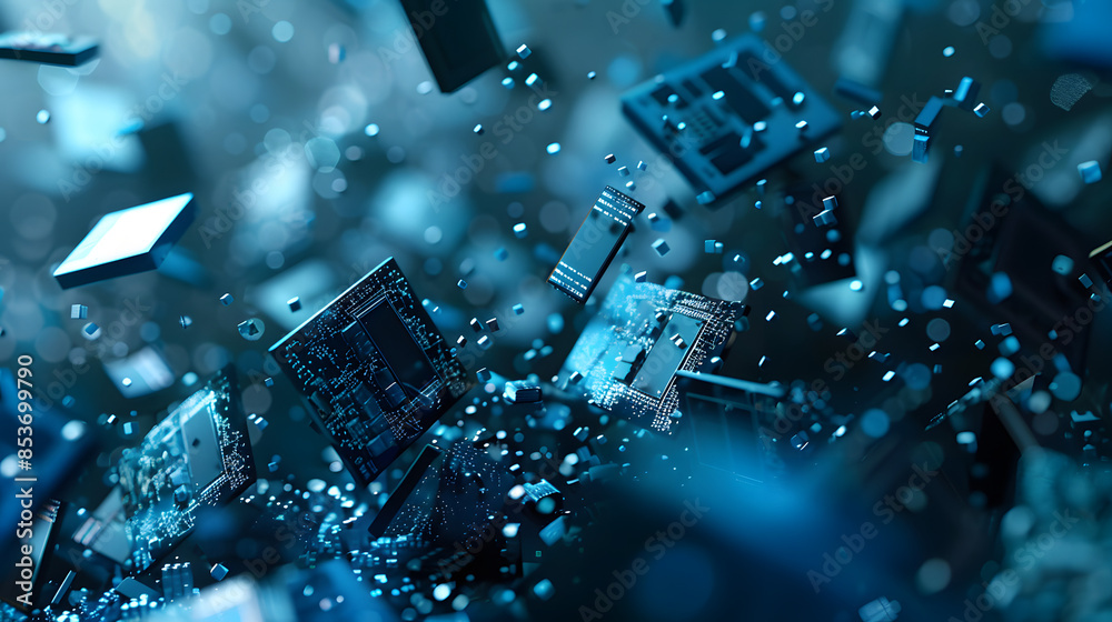 Naklejka premium light blue computer chips floating in the air