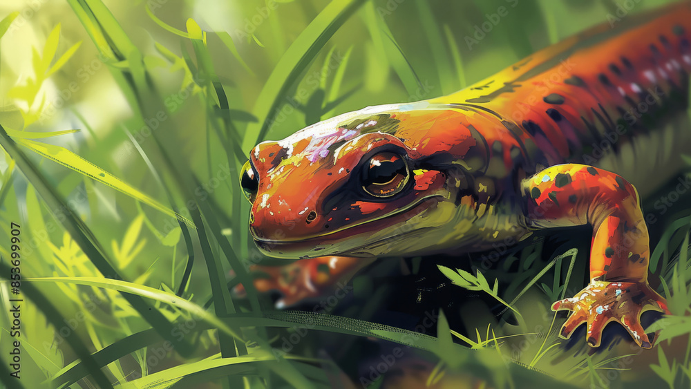 A detailed view of a salamander enjoying the peaceful and bright environment of a summer garden.






