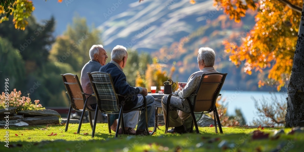 Three older men are sitting in lawn chairs by a lake Three older men are sitting in lawn chairs by a lake