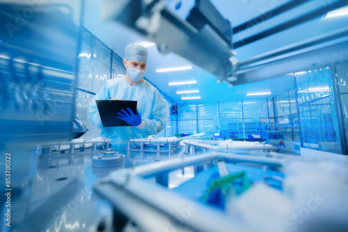 Canvastavla Pharmaceutical factory worker operating production line at pharmacy industry, man use clipboard for control quality