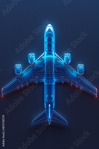 top view of an airplane blueprint illuminated with neon blue and red lights creating a futuristic and high-tech look