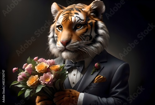 beautiful elegant tiger in a suit with a bouquet of flowers, isolated on a black background