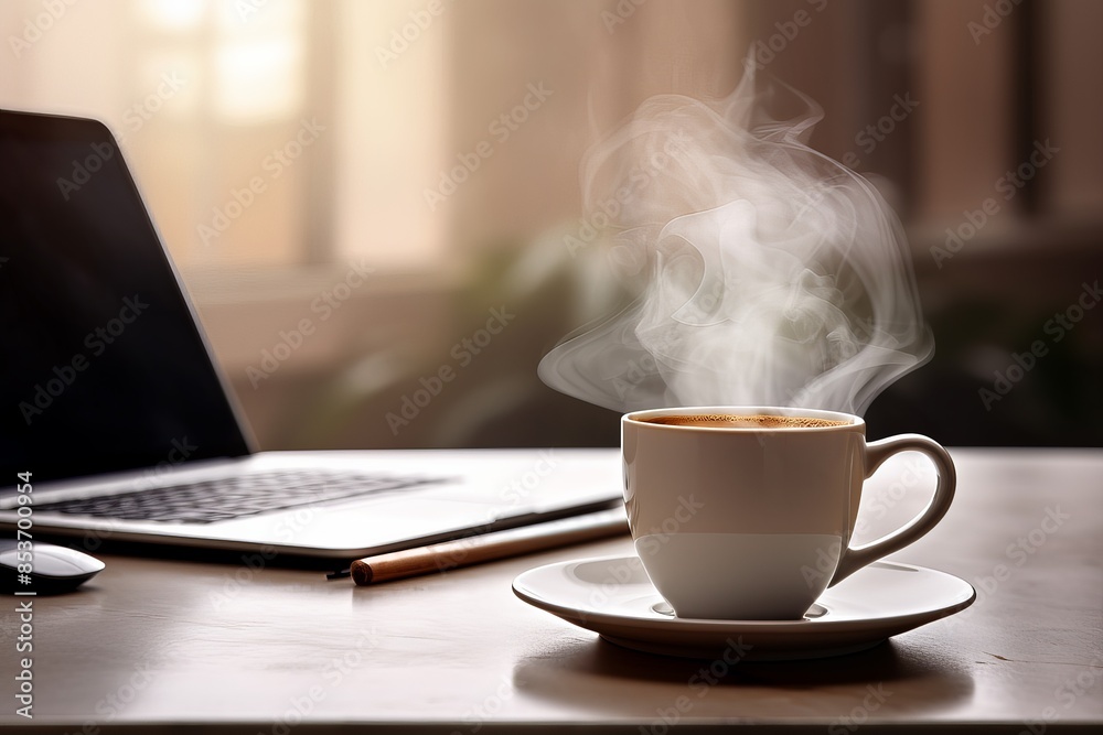 A steaming cup of coffee on a desk with a laptop in the background, creating a cozy workspace ambiance. A steaming cup of coffee on a desk with a laptop in the background, creating a cozy workspace ambiance.