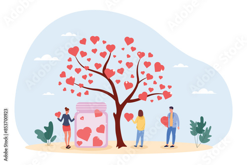 Donation tree giving growth. Volunteer assistance people support collecting heart love payment donate finance charity social solidarity charity donation concept illustration