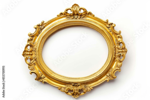 Oval Antique Gold Baroque Frame on White Background: Classic Decorative Intricate Vintage Wooden Frame with Gold Plating and Ornamental Floral and Leaf Details - Baroque Style