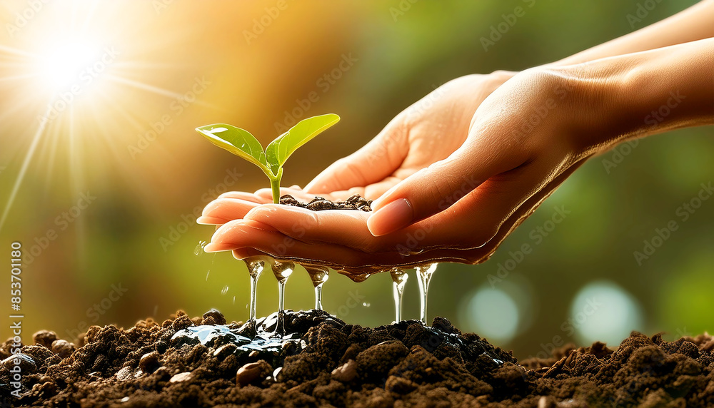 Fototapeta premium Extreme close-up of a female hand while she is pouring drops of water on a young seedling on the ground. Watering young plant and environmental conservation concept. Generative Ai.