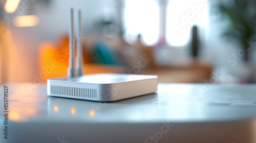 White Wireless Router On Table With Blurred Background.