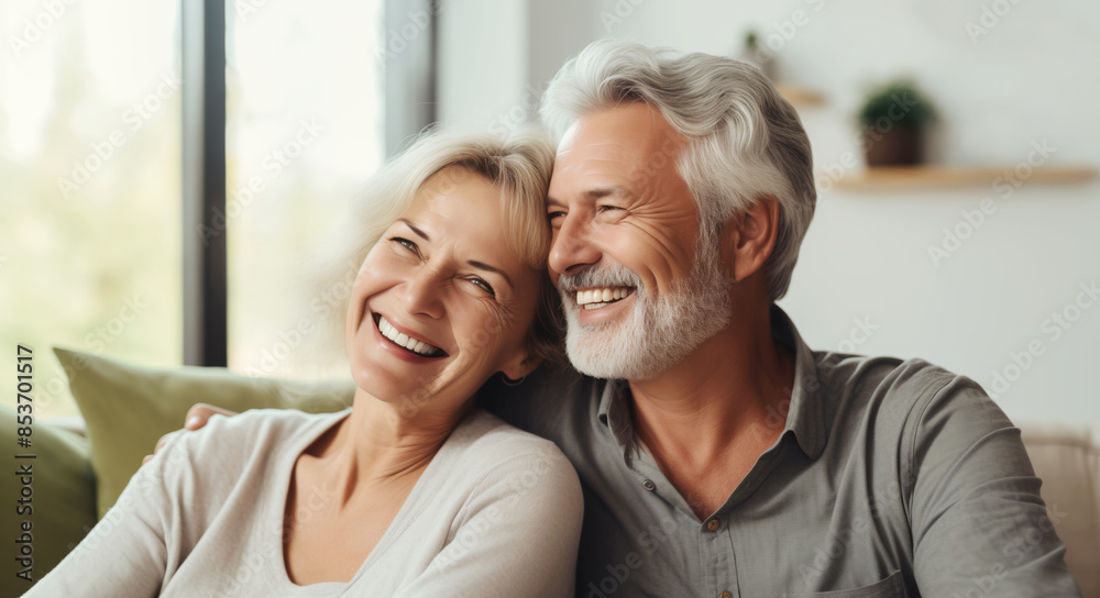 Happy smiling mature couple hugging, elderly woman and man sitting on sofa at home together Happy smiling mature couple hugging, elderly woman and man sitting on sofa at home together