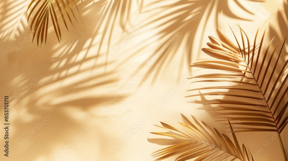 Fototapeta premium Aesthetic background with palm leaf shadow on beige wall, summer concept. Copy Space