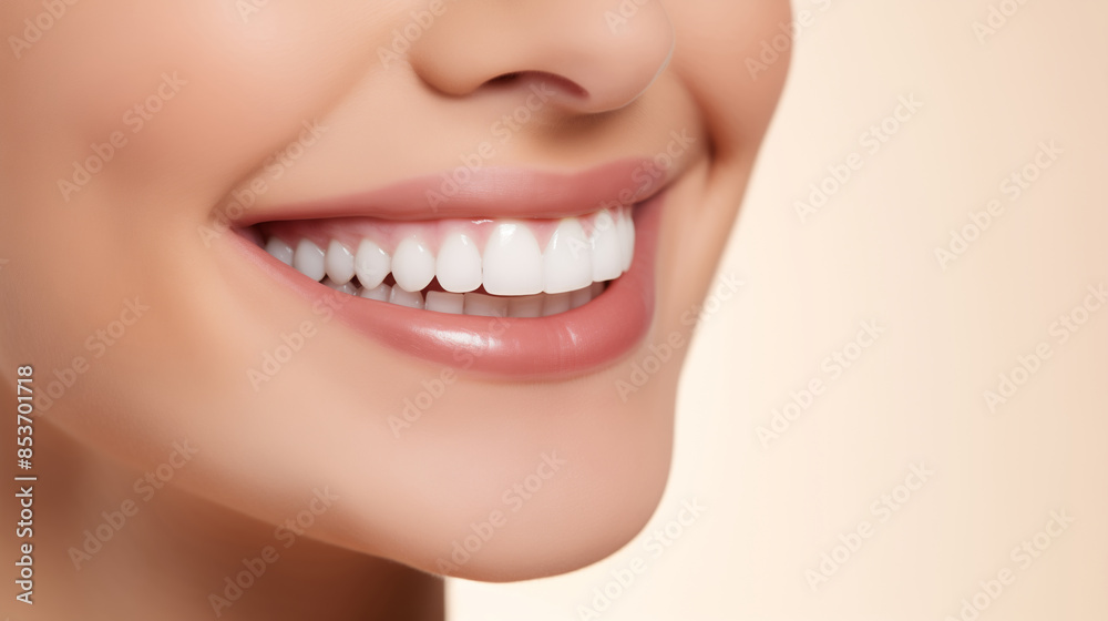 Close up of a beautiful radiant smile woman with perfectly aligned teeth against a beige backdrop Close up of a beautiful radiant smile woman with perfectly aligned teeth against a beige backdrop