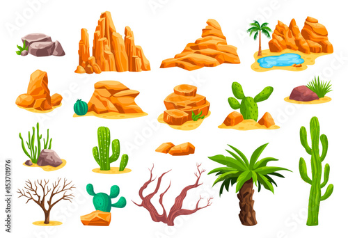 Desert stones cactus. Cartoon desertic landscape formation, africa safari vegetation sand dune oasis elements tumbleweed rock mountain canyon, western ingenious illustration