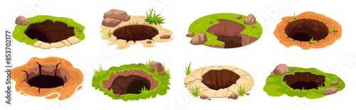 Ground pits. Big dig pit soil, earth hole mud land surface garden forest animal groundhog burrow entrance deep underground grounds holes set cartoon ingenious illustration