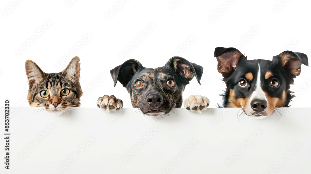 Dogs and Cats Peeking Over Banner on transparent background Dogs and Cats Peeking Over Banner on transparent background