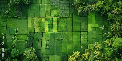 Aerial View of Lush Green Rice Paddy Fields photo