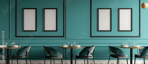 A contemporary dining room with a teal wall, featuring five small empty black frames in a random pattern.