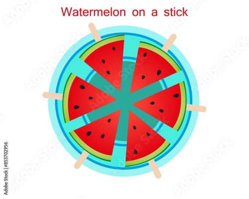 Watermelon ice cream on a stick. Frozen watermelon. Fruit ice cream with watermelon slices.