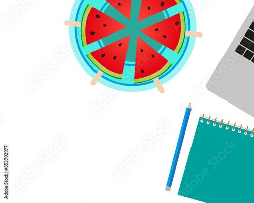 Work desk with notepad, pencil, laptop and plate with watermelon. Desktop for the office. Desktop vector for your design.