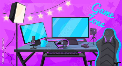 Gamer workplace. Game blogger streamer table in home room, gaming setup communication streaming equipment for player desk computer headphones camera chair, neat illustration