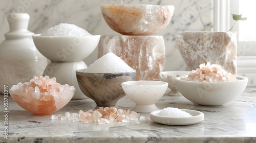 Wallpaper Mural Assortment of pink Himalayan salt crystals and fine salt in various bowls, showcasing the range of textures and uses Torontodigital.ca