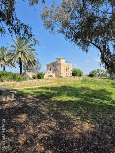 View of the ruins of an ancient Crusader mill built on the territory of modern Kibbutz Afek in Israel.  photo