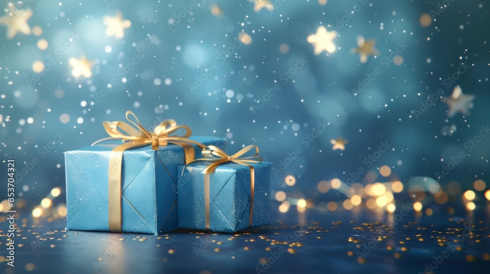 Two blue gift boxes with gold ribbon and bows on a blue bokeh ...