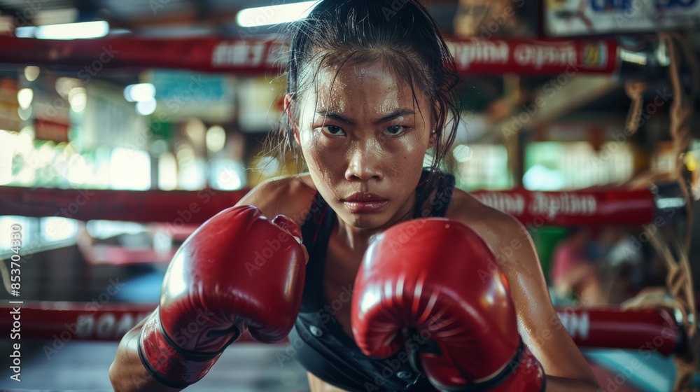 A determined female boxer in a boxing ring, ready for a fight. A determined female boxer in a boxing ring, ready for a fight.