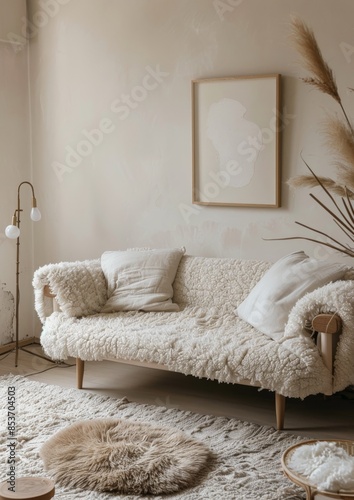 Cozy living room with a white sofa, pillows, and minimalist decor