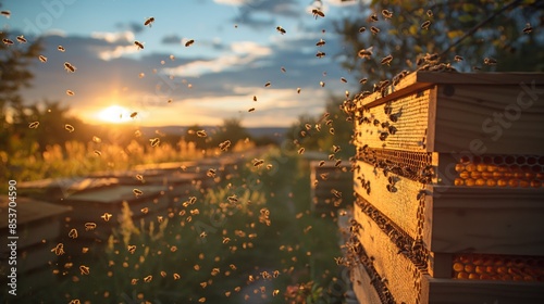 Bees swarm vibrantly around their hive at dusk, creating a dynamic dance in the evening glow