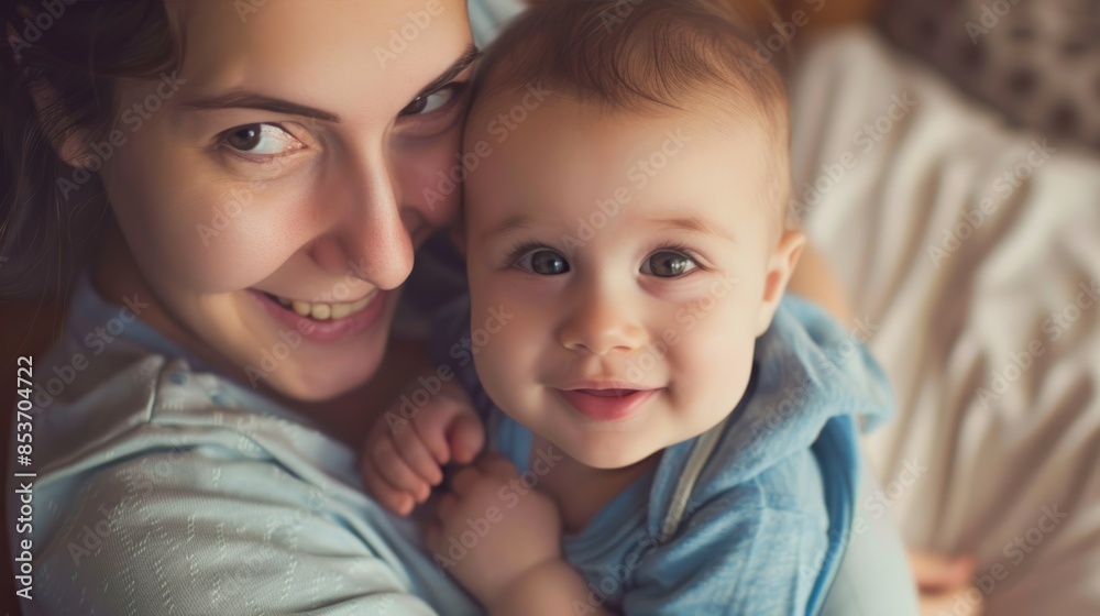 A Young mother holding newborn baby happily at home A Young mother holding newborn baby happily at home