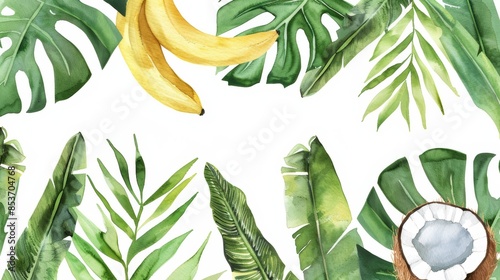 frame, watercolor illustration of tropical leaves and fruits on a white background