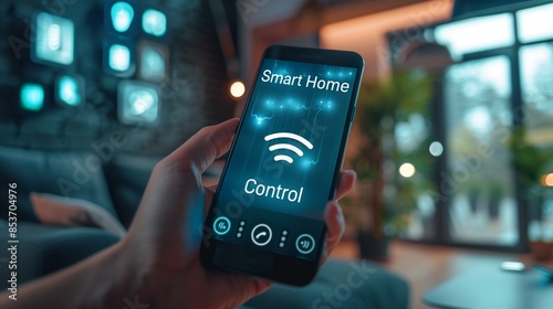 A person using a smartphone app to control smart home devices, showcasing modern technology and convenience in home automation.