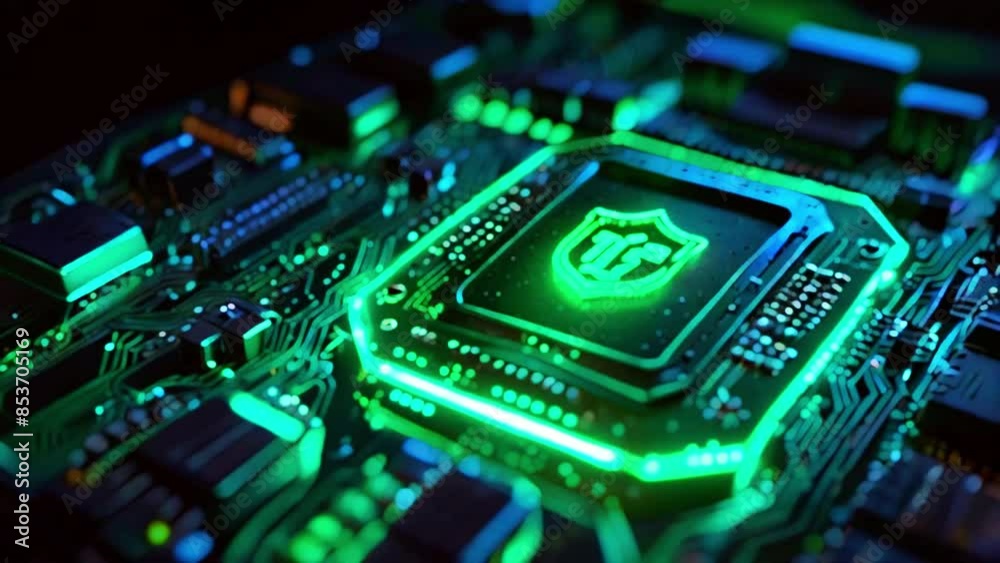 A close-up of a computer chip with a green glowing symbol on it. The chip is on a circuit board with other electronic components. A close-up of a computer chip with a green glowing symbol on it. The chip is on a circuit board with other electronic components.