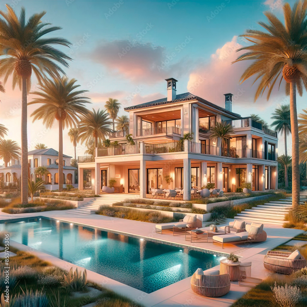 Fototapeta premium beautiful Spanish villa with pool and palm trees in the background, blue sky, sunny day, luxury house