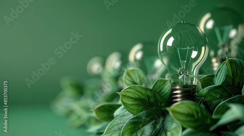 Conceptual lightbulb filled with fresh green foliage, symbolizing eco-friendly power and environmental sustainability, set against a calming green backdrop.
 photo