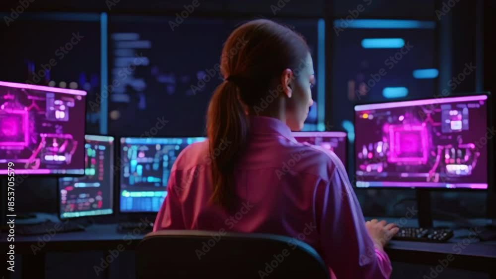 A woman in a purple shirt is sitting at a desk in front of three computer monitors. A woman in a purple shirt is sitting at a desk in front of three computer monitors.