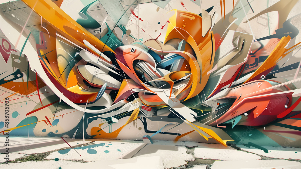 Fototapeta premium A stunning 3D graffiti artwork on a city wall, where bold shapes and colors appear to burst into the street, blending art with reality.