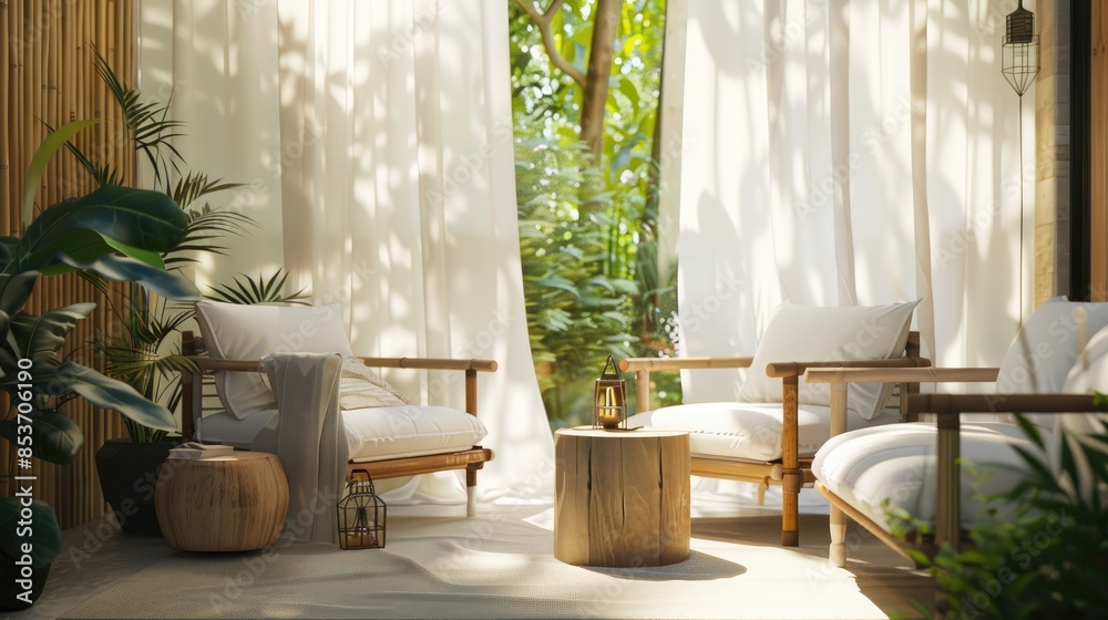 Fototapeta premium home terrace with bamboo furniture, white linen curtains, natural light pouring in from large windows. The scene includes plants and wooden lanterns adding to the peaceful atmosphere.