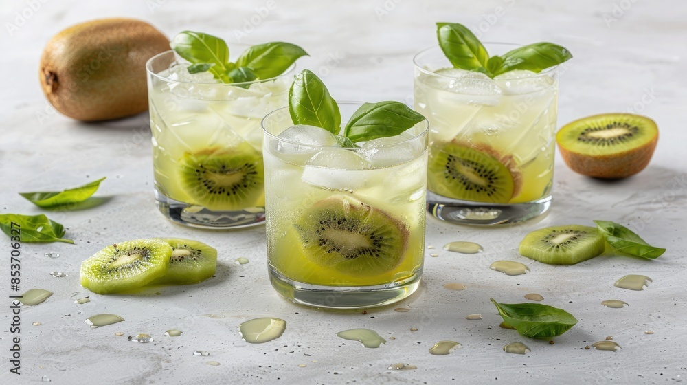 Fototapeta premium Green kiwi juice in glasses with ice cubes surrounded by kiwi halves and fresh basil leaves on the table. The background is light gray to create contrast between the colors.