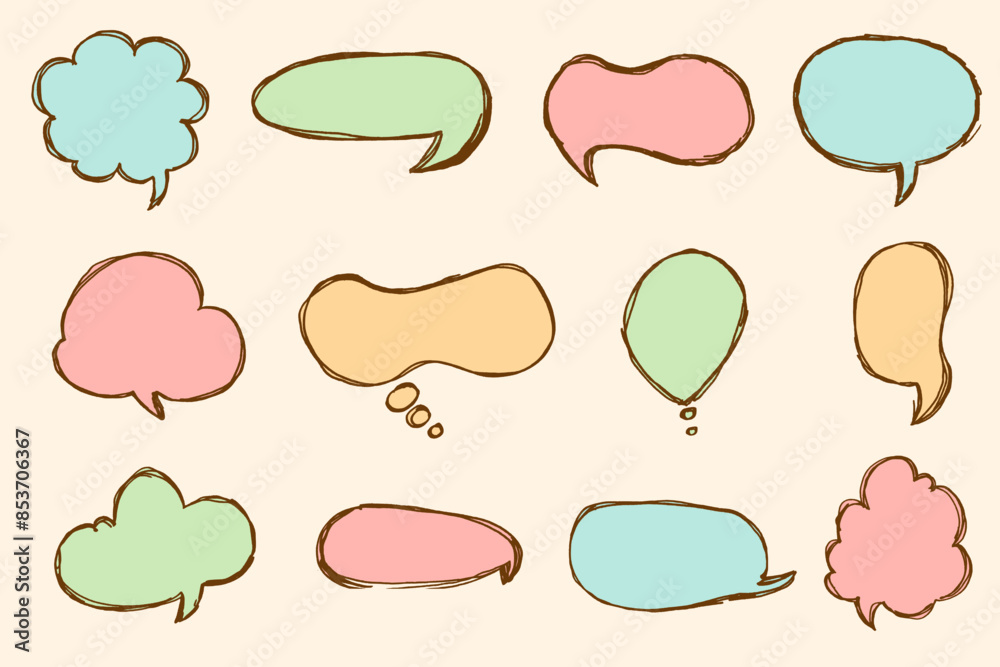 Chat bubbles in hand drawn doodle style. Cute frames for selecting text. Retro comic speech bubble