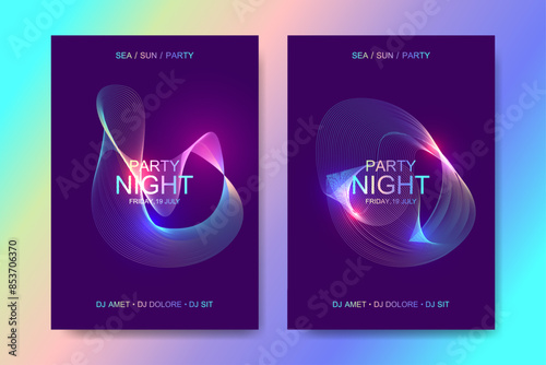 Music Poster For Electronic Festival With Fractal Dotted Lines And Waves. Party Flyer Cover Design Concept Of Electro Music Fest. Vector Illustration. photo