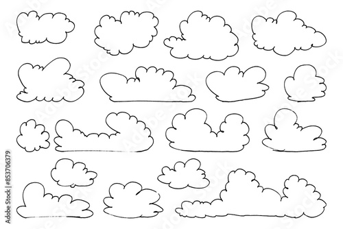 Collection of abstract flat cartoon and fluffy cloud icons. Set of hand drawn cartoon clouds in flat style.