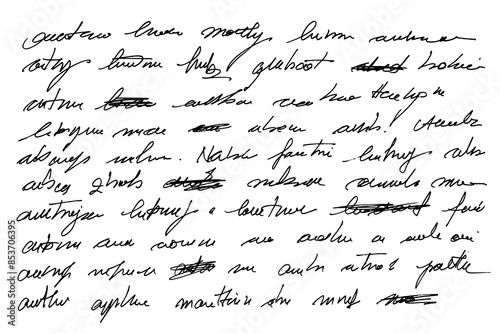 Abstract hand written text in ink for letters. Unreadable text with crossed out words. Illegible text page with mistakes.